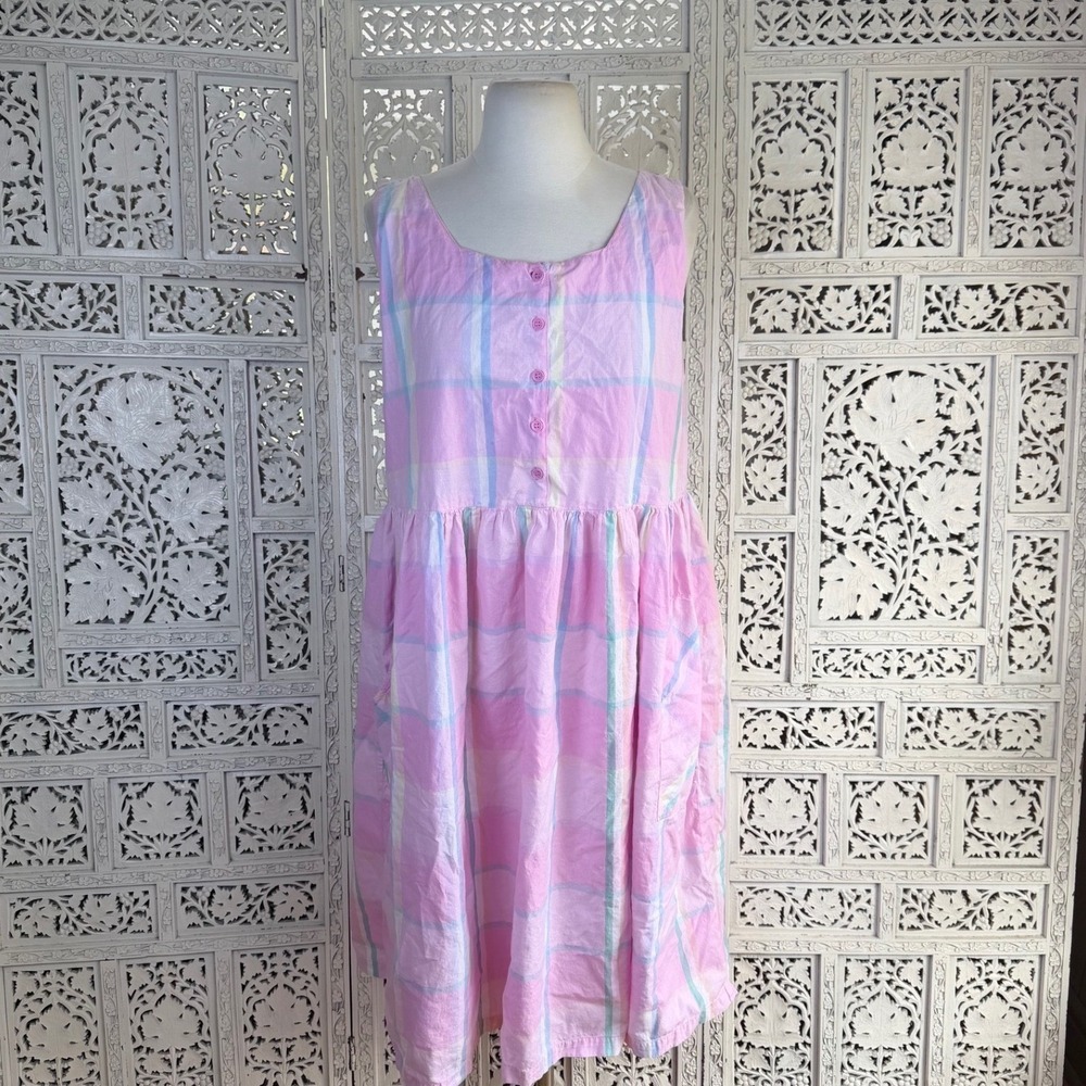 Vtg 80's Pastel Pink Plaid Retro Preppy Sleeveless Dress Womens Medium